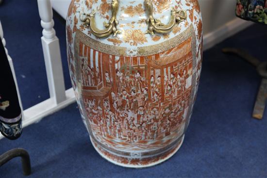 A large Chinese Canton-decorated coral red and gilt decorated vase, 19th century, 89cm, damaged